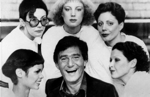 <p>Hairstylist Vidal Sassoon is surrounded by models, showing his new cuts for 1976, in London, on Jan.23, 1976. The styles are called, clockwise from lower left; The Hummingbird, Question Mark, Feathers, Tomboy and Silver Lady. (AP Photo)</p>