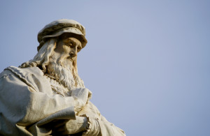 <p>head of Leonardo da Vinci in front of a perfect blue sky</p>