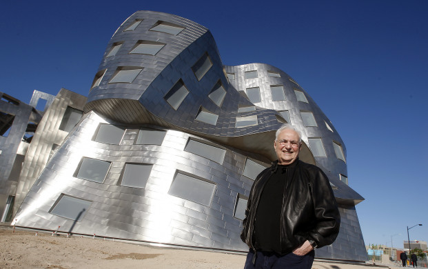 <p>In this photo taken March 17, 2010 architect Frank Gehry is seen in front of his latest creation, the Cleveland Clinic Lou Ruvo Center for Brain Health, in Las Vegas. (AP Photo/Isaac Brekken)</p>