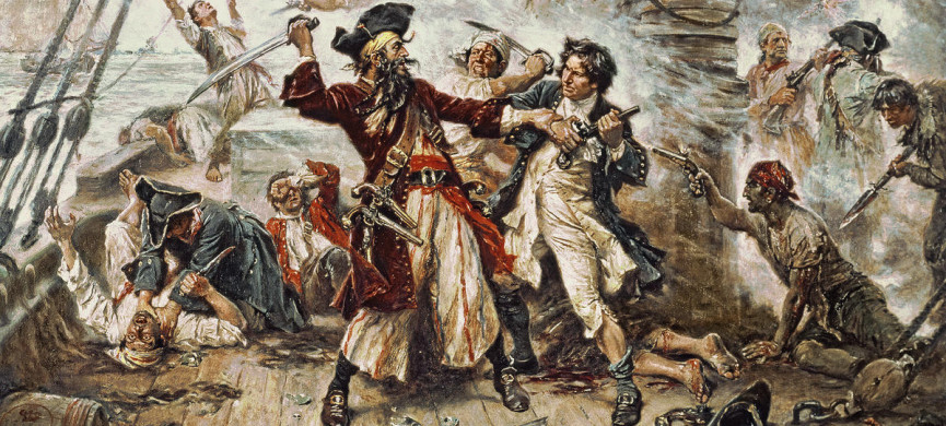 <p>SSI39781 The Capture of the Pirate Blackbeard, 1718 by Ferris, Jean Leon Gerome (1863-1930); Private Collection; American, out of copyright</p>